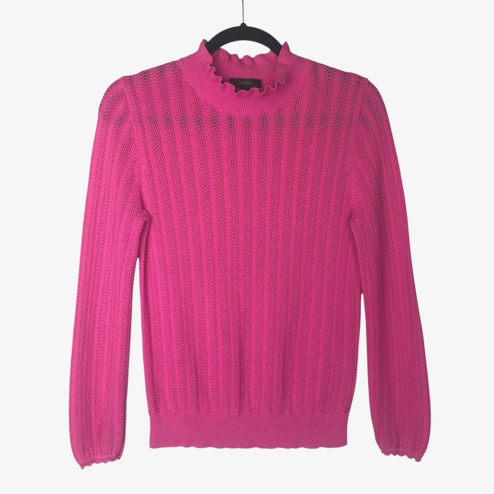 J. Crew Womens Pointelle Ruffle Mockneck Sweater Size XS Pink‎ Dainty Feminine